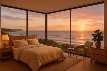 Corner studio bedroom with two glass walls, coastal view, and soft sunset lighting