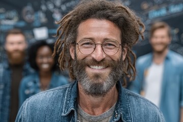 A diverse team of professionals brainstorming together, with a man wearing glasses and a beard smiling. They are collaborating and discussing ideas in a modern office setting.