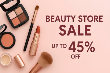 Beauty store sale, close-up of makeup products, up to 45 off, pastel background