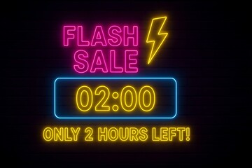 Obraz premium Flash sale banner, countdown timer, Only 2 Hours Left! text, bright neon highlights