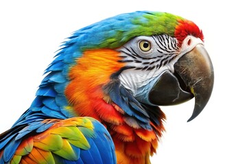 Vibrant blue and gold macaw portrait against white background