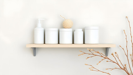 Minimalist White Skincare Jars and Bottles on Wall Shelf