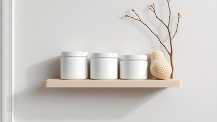 Modern Minimalist Wall-Mounted Shelf with White Jars and Natural Decor