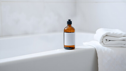 Amber Bottle Bath Product on White Bathtub Ledge
