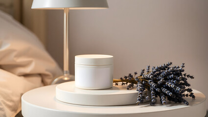 White Round Bedside Table with Cream Jar and Lavender