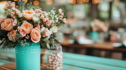 This captivating image showcases an elaborate floral centerpiece adorned with roses and greenery, creating a warm atmosphere for gatherings and celebrations.