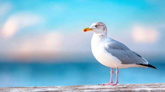 A seagull stands gracefully along the shoreline, amidst a vast and serene background, illustrating the beauty of nature and wildlife in a tranquil coastal setting. - Powered by Adobe