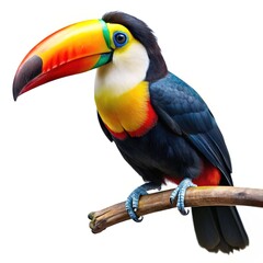 Vibrant keel billed toucan perched on branch isolated on white background