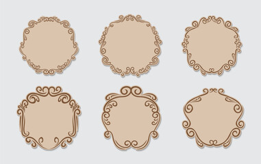 Ornamental label frames. Old ornate labels, decorative vintage frame and retro badge. Royal wedding insignia, sale sticker or invitation card. Isolated vector symbols set