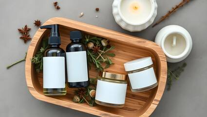Natural Skincare Products in Wooden Tray Blank Labels for Branding