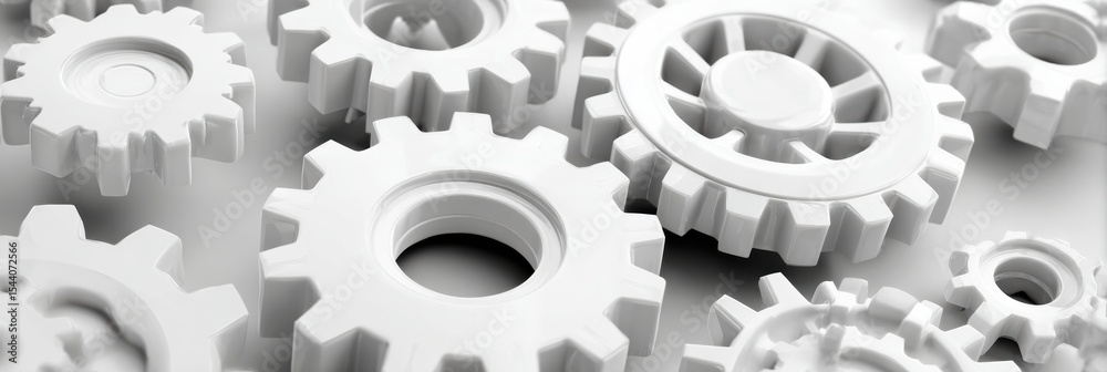 Aufkleber Abstract Arrangement of White Gears and Cogs Interlocking in a Clean Layout Showcasing Intricate Design and Mechanical Precision