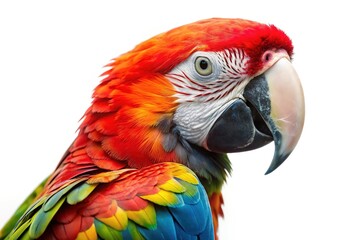 Naklejka premium Vibrant scarlet macaw portrait against white background