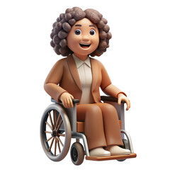 Cartoon woman with curly hair in a brown suit sitting in a wheelchair on a black background studio shot