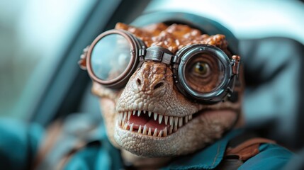 A whimsical steampunk reptilian creature dons stylish goggles, evoking curiosity and a sense of adventure in a fantastical setting with intricate details on its face.