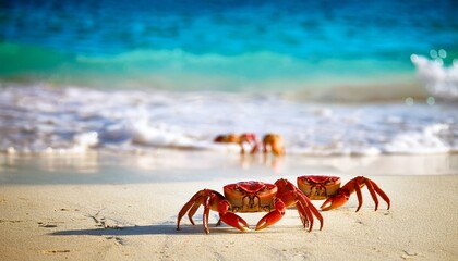 red crabs walking on the sand at the beach ocean background stock photo