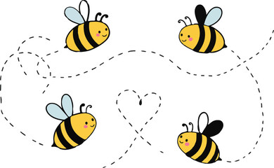 Cute Cartoon Bees Buzzing Around with Dotted Flight Paths, Adorable Honeybees Creating a Sweet Scene Perfect for Crafts and Decor
