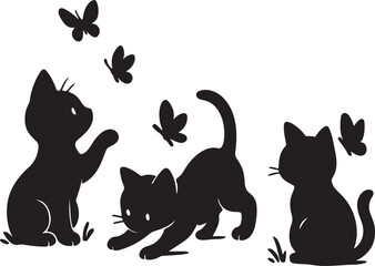 Black Silhouette Vector Graphic Featuring Three Kittens Playing with Butterflies in a Playful and Whimsical Style Illustration