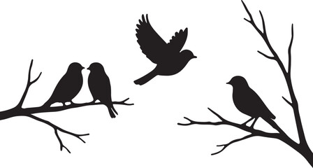 Silhouette Serenade A Symphony of Birds on Bare Branches in Monochrome Harmony, A Peaceful Wildlife Scene