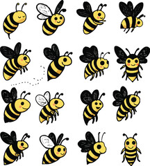 Cartoon Bees Collection Featuring Yellow and Black Stripes with Various Wing Styles and Poses on a White Background