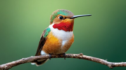 Naklejka premium A stunning close-up of a vibrant hummingbird perched on a branch showcases its iridescent feathers and delicate features, highlighting nature’s beauty in exquisite detail.