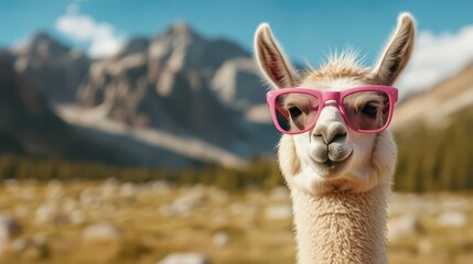 Obraz premium A delightful llama wearing oversized pink sunglasses poses playfully against a breathtaking mountainous landscape, capturing the fun and charm of this unique animal.