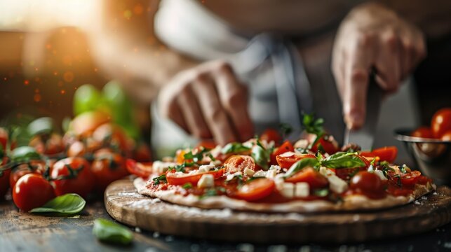 A culinary expert delicately prepares a delicious pizza with vibrant fresh ingredients, highlighting the artistry and skill involved in creating mouth-watering dishes from scratch.