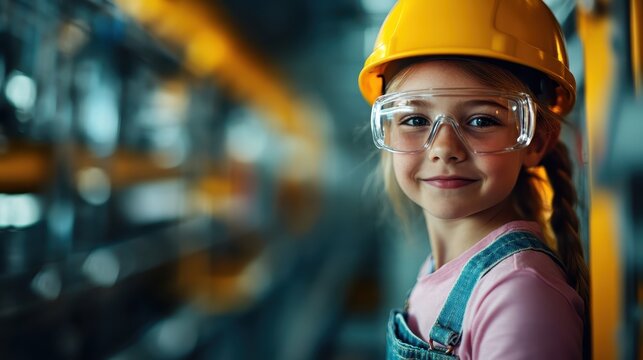 A young girl wearing a safety helmet and goggles smiles in a workshop setting, promoting safety and empowerment for future generations in skilled trades and industries.