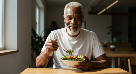 Smiling older man with white beard eating a salad at a table in a well lit room with plants nearby