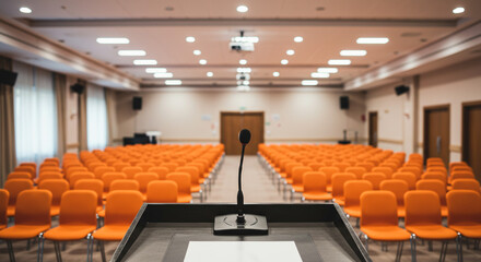 A conference room with orange chairs and a microphone in front of the empty seating arrangement area