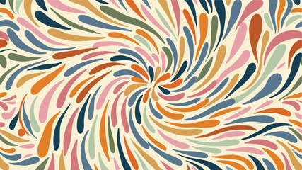 Colorful swirling pattern with teardrop shapes in orange blue green and pink hues over a cream background