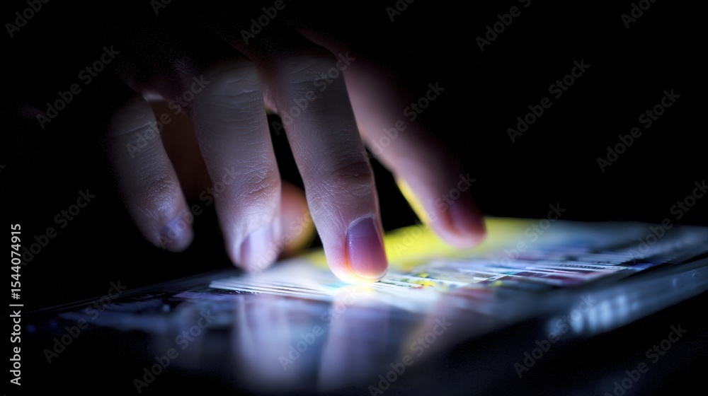 Poster Glowing Digital Scratch Card Being Revealed by a Finger Swipe in a Dark Environment During a Game Session