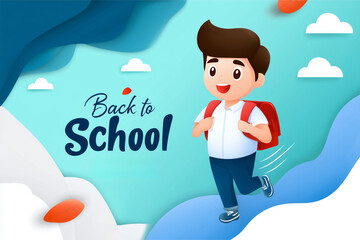 Cheerful schoolboy running back to school with red backpack on abstract paper cut background with clouds and autumn leaves, education concept for banner, poster or greeting card