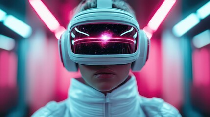 A striking image of a woman wearing a virtual reality headset surrounded by vibrant neon lights, illustrating the interface between technology and human imagination.