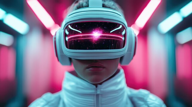 A striking image of a woman wearing a virtual reality headset surrounded by vibrant neon lights, illustrating the interface between technology and human imagination.