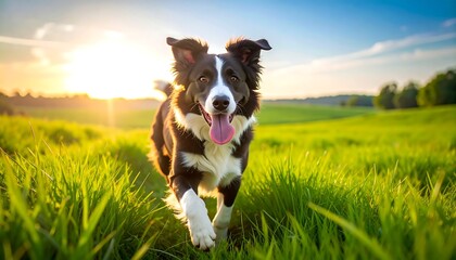 Happy dog running sunset field.