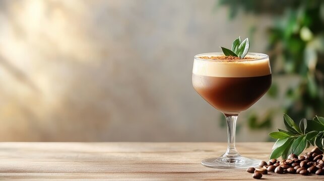 An elegantly presented coffee cocktail in a clear glass garnished with green leaves, showcasing sophistication and taste in a serene, cozy setting for coffee lovers.
