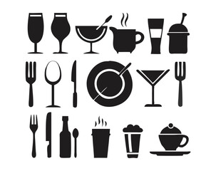 Elegant Black Dining Utensil Vector Icon Set for Restaurant and Kitchen Design Projects