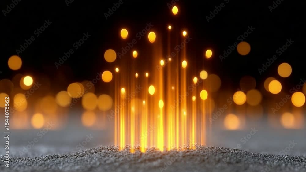 Poster golden light beams emerging from dust: mystical golden light beams emerge from a bed of dark gray du