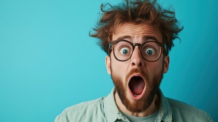 A young man shows a dramatic and surprised expression with wild hair, capturing raw emotion and spontaneity, which reflects human reactions to unexpected events or news.