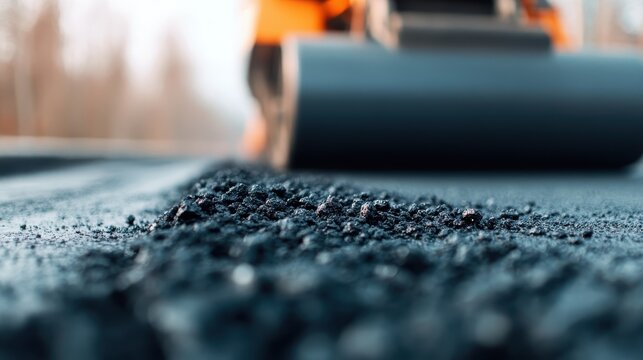 A close-up view of freshly laid asphalt being compacted by heavy machinery on a construction site, illustrating the process of road building and infrastructure development.