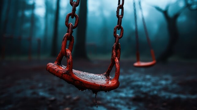 A lonely swing set drenched in rain with a misty forest backdrop evokes a sense of nostalgia and sadness, embodying the fleeting nature of childhood and forgotten joys. - Powered by Adobe
