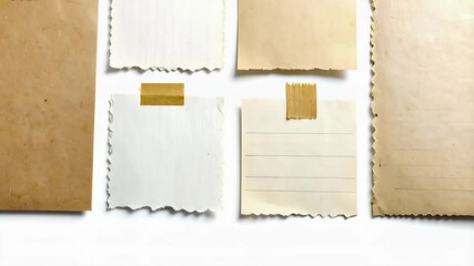 Collection of aged papers with torn edges and blank space attached to a white surface with adhesive tape strips for notes and messages - Powered by Adobe