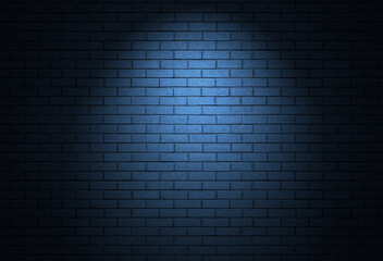 Night time brick wall background dark alley texture. Dramatic vibe with spotlight on empty building real backdrop. Bricks constructed in running bond pattern.