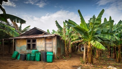 old house with banana trees and bins