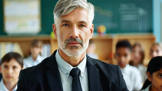 Focused Educator: A distinguished middle-aged educator, with a look of experience and knowledge, stands confidently within the classroom setting, surrounded by his pupils