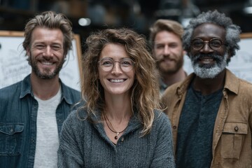A diverse group of professionals standing next to each other, engaged in a brainstorming session. They are discussing ideas and collaborating on a project.