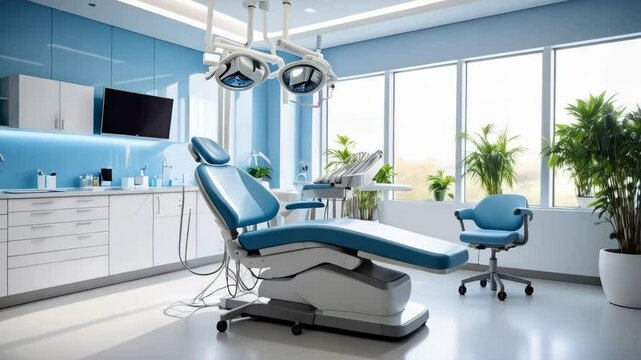 Bright modern dental clinic interior showcasing an adjustable chair and dental equipment in a clean, professional environment with natural light