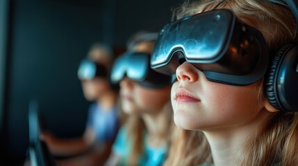 Three children wearing VR headsets are deeply immersed in an exciting virtual reality game, showcasing the growing trend of immersive technology in entertainment and education.