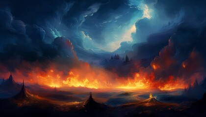 Naklejka premium abstract landscape shows fire under dark blue clouds used for digital design