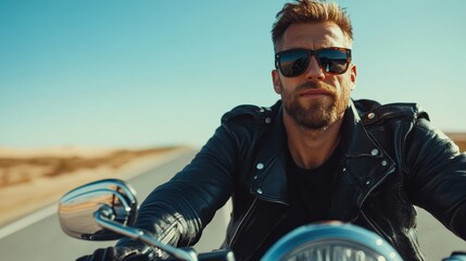 A stylish man on a motorcycle rides confidently down an open road, showcasing freedom and adventure under a bright blue sky, embodying the spirit of the open road.